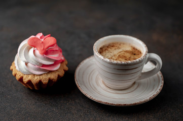 coffee and cake with drawings of a heart for valentines day
