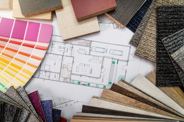 Fototapeta interior design materials and color samples with floor plan blueprint obraz