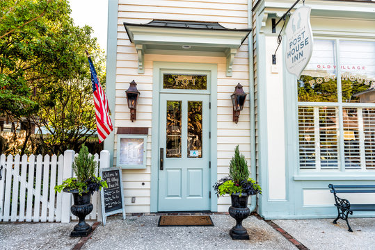 Mount Pleasant, USA - May 11, 2018: Charleston South Carolina with old street road and post house inn hotel small building entrance