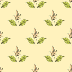Seamless background with drawing leaves on light yellow background. Endless pattern for your design. Vector.