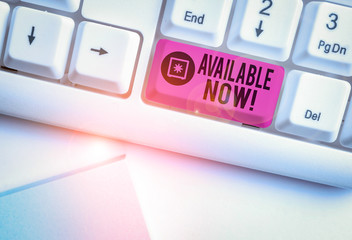 Handwriting text writing Available Now. Conceptual photo you can find it obtain or operable at this current moment White pc keyboard with empty note paper above white background key copy space