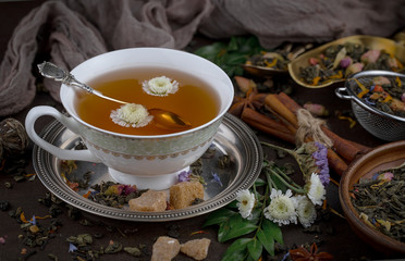 Tea in a cup on an old background