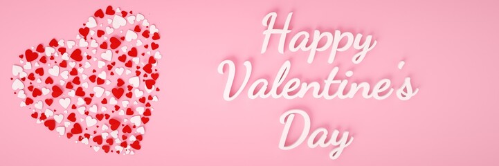 Valentines Day Concept. Top View White And Red Heart Shape Heart Confetti With White Happy Valentine's Day Text Isolated On The Pink Background. - 3D Illustration. 