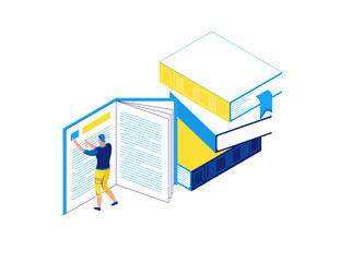 Man reading book, library isometric concept, learning people, 3d student isolated, learn lesson, school, college pupil, blue, yellow, modern creative character
