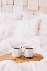 White cups. Breakfast in bed. White bedroom. Sweet home. coffee cup. flat lay
