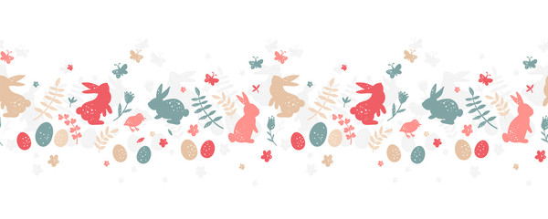 Cute hand drawn easter horizontal seamless pattern, colorful spring background with bunnies, easter eggs, flowers, butterflies - great for textiles, banners, wallpapers, cards - vector design
