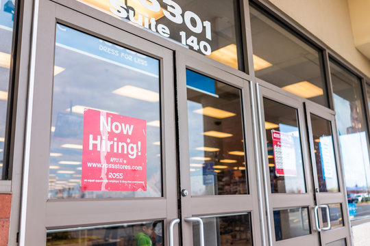 Sterling, USA - November 21, 2019: Ross storefront with sign by entrance of store in Fairfax county, Virginia for hiring