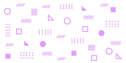 Fototapeta premium Memphis Simple Purple Abstract Circle Line Rectangle Box Arrow Cross Mountain River Pie Egypt Basic Shape Background for shirt