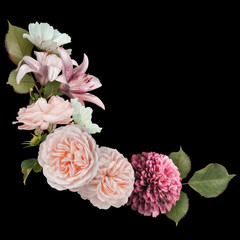 Pastel pink roses, zinnia and lily isolated on black background. Floral arrangement, bouquet of garden flowers. Can be used for invitations, greeting, wedding card.