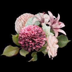 Pastel pink roses, zinnia and lily isolated on black background. Floral arrangement, bouquet of garden flowers. Can be used for invitations, greeting, wedding card.