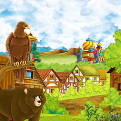 Obraz na płótnie Canvas cartoon scene with kingdom castle and mountains valley near the forest and farm village settlement with bear walking by and eagle bird illustration for children