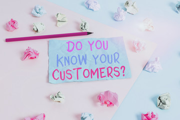 Fototapeta na wymiar Conceptual hand writing showing Do You Know Your Customers question. Concept meaning asking to identify a customer s is nature Colored crumpled paper empty reminder blue yellow clothespin