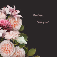 Floral card with copy space. Pastel pink roses, zinnia and lily isolated on dark background. Bouquet of garden flowers.
