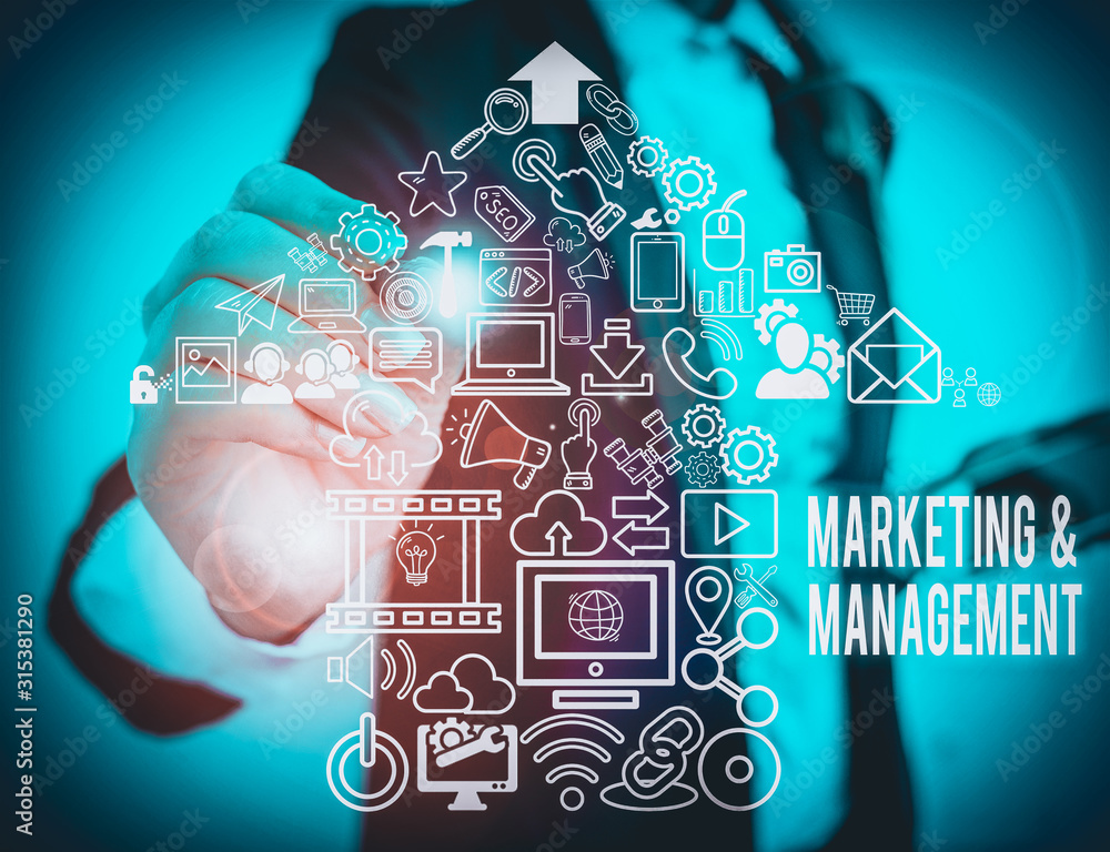 Aufkleber writing note showing marketing and management. business concept for process of developing strategies