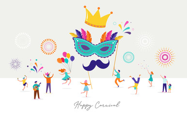Carnival, party, Purim background with tiny, miniature people, families, kids and young adults jumping, dancing and celebrating.