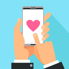 Love sharing concept. Male Hands holding phone with big heart on screen. Finger touch screen. Vector flat cartoon illustration for valentine s day