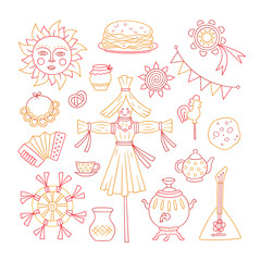 Maslenitsa. Pancake week elements - pancake, samovar, candy, balalaika, sun, scarecrow of winter, sour cream, accordion. Shrovetide. Vector illustration on doodle style on white background. No expand