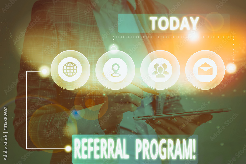 Poster writing note showing referral program. business concept for internal recruitment method employed by 