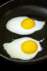 Raw fried eggs.Tasty over easy fried egg in frying pan, closeup