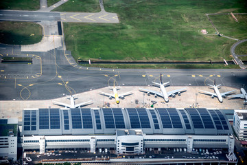 Airport with airplanes, aerial view