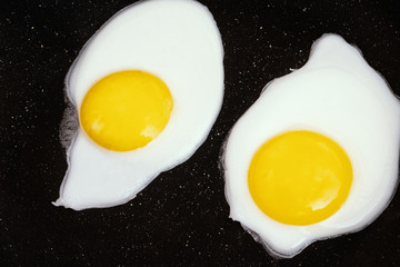 Raw fried eggs.Tasty over easy fried egg in frying pan, closeup
