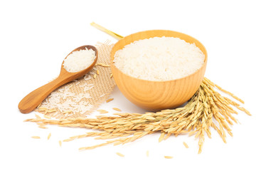 White Jasmine rice and paddy rice in wooden bowl and unmilled rice with Ear of rice isolated on...
