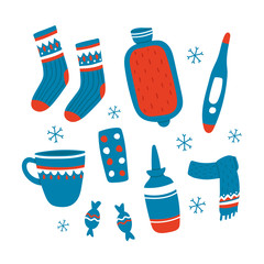 Vector set of flu treatments. Cute kawaii illustration of winter cold flu. Socks, pills, scarf, hot tea, theremometer, nasal spray. Red and blue set with snowflakes for concept and design
