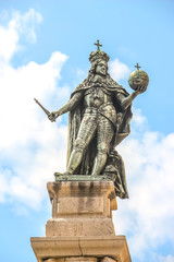 Fototapeta na wymiar Trieste, Italy. Leopoldo I D'Asburgo statue in front of Chamber of commerce (Camera di Commercio, Industria, Artigianato e Agricoltura Venezia Giulia).