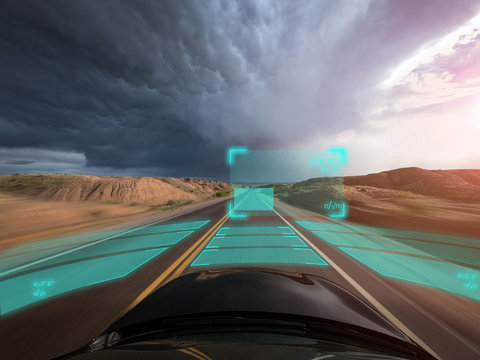 Self driving autonomous car driving in bad weather, USA