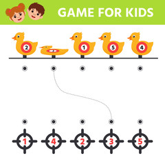 Educational math game for kids. Duck targets. Preschool worksheet activity  for the development of logical thinking. Puzzle.