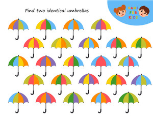 Logic puzzle game. Educational children activity.  Find matching umbrellas. Learning side and top view. Activity for  kids