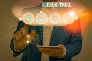 Text sign showing Free Trial. Business photo text Product or service offered for no cost to try and...