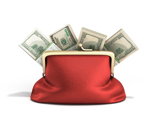 Red wallet with dollar money stacks 3d render on white background