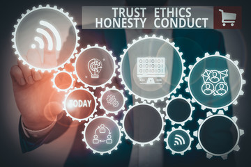 Text sign showing Trust Ethics Honesty Conduct. Business photo showcasing connotes positive and...