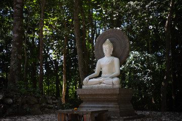 White buddha in the garden of Suan Mok Phalaram temple or Wat Suan Mok Phalaram.