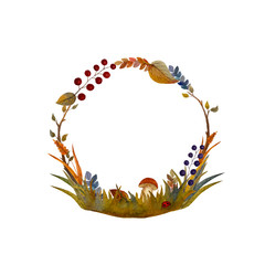 Round forest wreast of mushrooms , berries, leaves, grass.