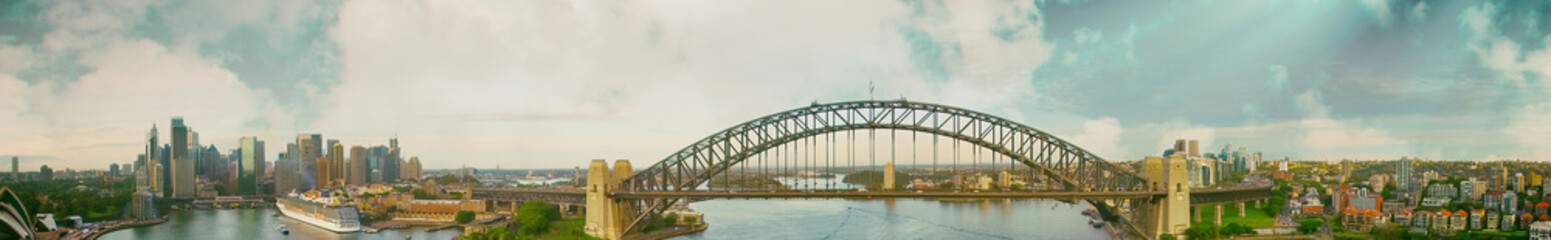 Sydney Harbour Bridge at sunet, view from the sky