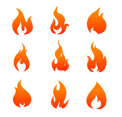 Set of red and orange fire flame. Collection of hot flaming element.  Vector flame illustration