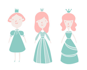 Vector cute princess set. Pink and blue color kawaii princesses. Illustration isolated on white background. For childish design. concept, textile and children books