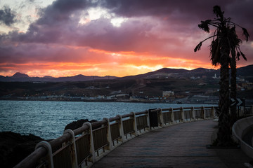 Sunset on the Mediterranean Sea on the coast of Ceuta