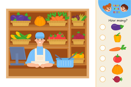 Education a mathematical game for preschool kids. Kids activity sheet. Count how many vegetables  in shop shelve and write the result.  Children funny riddle entertainment.