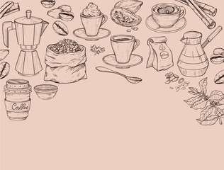 Hand drawn background with coffee. Coffee time set.