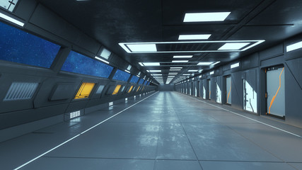 3d render. Futuristic spaceship scifi corridor architecture