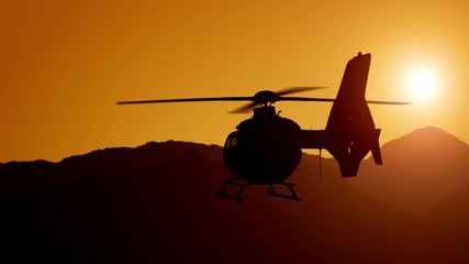 Aerial view of helicopter flying over mountains into the clouds during magical sunset in Los Angeles, California. Wide long shot on 4K RED camera. - Powered by Adobe