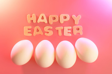 Happy easter lettering and eggs composition on festive pink background