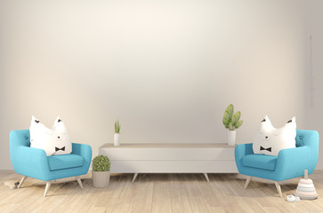 Interior poster mock up cabinet on living room with light blue armchair . 3D rendering.