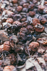 Pile of rotten apples with dry leaves after winter. View from above. Selective focus macro shot with shallow DOF