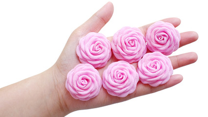 Pink flower DIY project made out of fabric or cloth. These handmade flowers with rose  pink color are great for handicraft project.