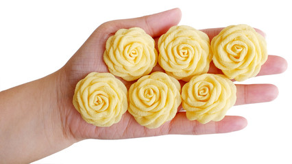 Yellow roses on hand DIY project made out of fabric flower or cloth flower. These handmade flowers rose yellow color are great for handicraft project DIY.