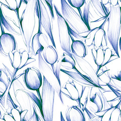 Spring pattern with tulips, spring flower. March 8. blue, sapphire Dutch tulips, vintage pencil drawing, hand drawing. field of tulips. Stock illustration. Background for wallpaper, textile, paper.